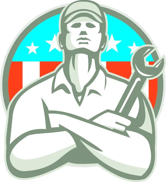 图为一名机修工头戴帽臂 手持扳手与美国国旗上的星星和背景音乐风格的条纹交叉勾勒出的图景 — 图库矢量图片