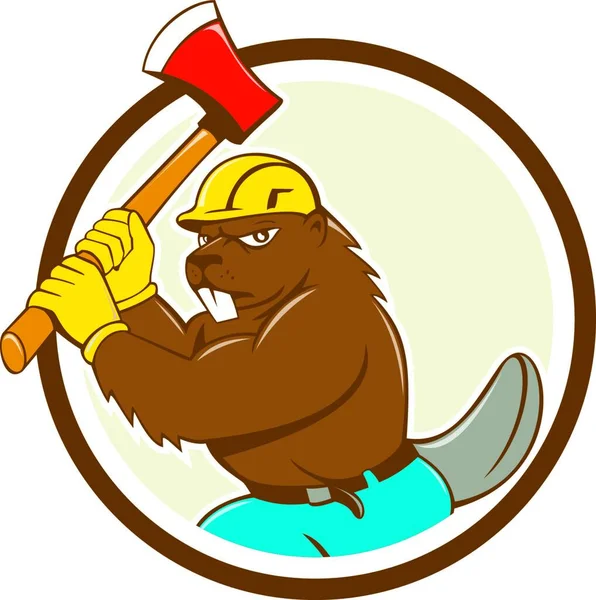 图例中的海狸伐木工头戴硬礼帽 手持斧头 在孤立的背景下 以卡通风格制作 — 图库矢量图片