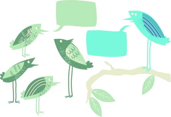 Group Green Birds Talking Single Blue Bird — Stock Vector