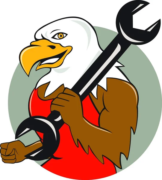 一个美国秃头鹰机修工笑着把扳手放在肩上的例子 从卡通风格的内圈侧面看 — 图库矢量图片