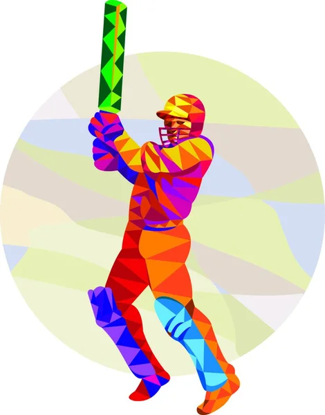 Yarasa Vuruşu Yapan Bir Kriket Oyuncusunun Düşük Çokgen Stili Çizimi — Stok Vektör
