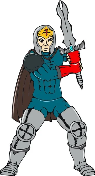 Desenhos Animados Ilustração Estilo Cavaleiro Com Capa Empunhando Uma Espada —  Vetores de Stock