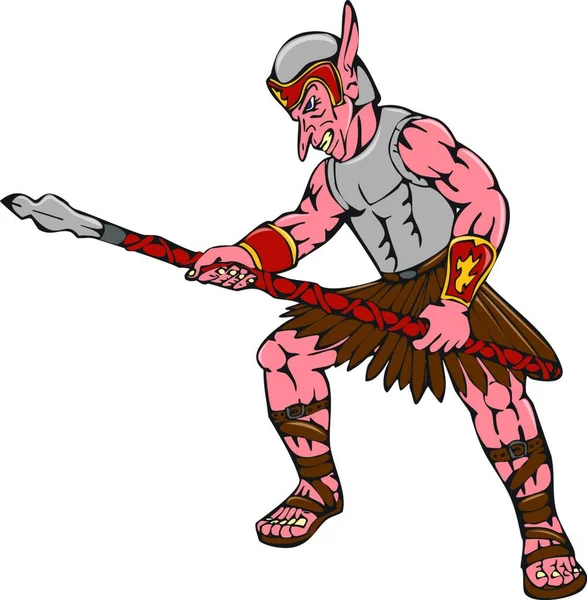 卡通画风格描绘了一个兽人战士在孤立的背景下从侧面刺穿矛头的情景 — 图库矢量图片