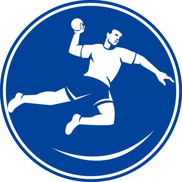 Pictogram Illustratie Van Een Handbal Speler Springen Gooien Bal Scoren — Stockvector