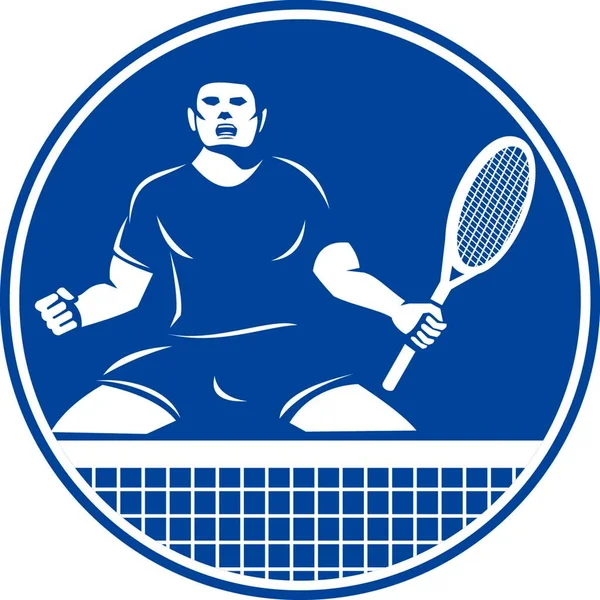 Ikon Illustration Tennisspelare Med Racket Knytnäve Pumpning Insida Cirkel Lågor — Stock vektor