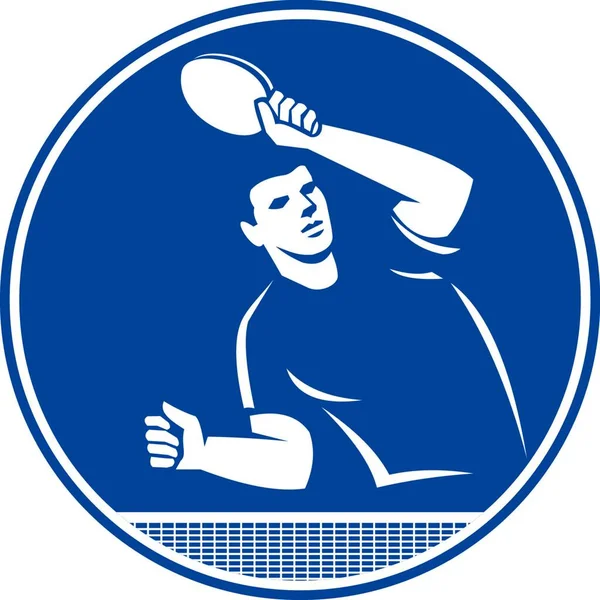 Ikona Ilustrace Stolního Tenisty Raketou Sloužící Návratu Slouží Zobrazen Boku — Stockový vektor