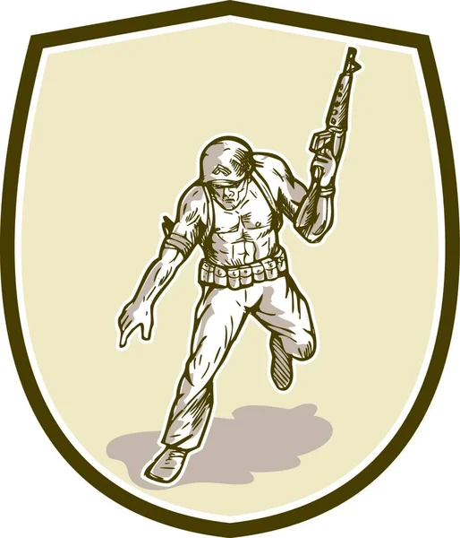 Ilustração Soldado Militar Americano Militar Com Espingarda Armalite Apontando Conjunto — Vetor de Stock