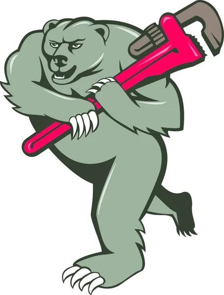 Ilustração Encanador Urso Pardo Correndo Segurando Chave Macaco Ombro Definido — Vetor de Stock