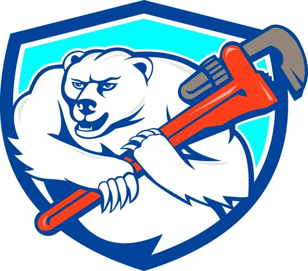 Ilustracja Stylu Kreskówki Niedźwiedzia Polarnego Hydraulik Gospodarstwa Małpa Klucz Ramieniu — Wektor stockowy