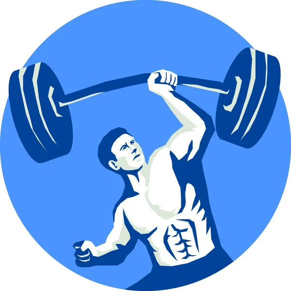 Ilustração Homem Forte Muscular Cara Levantando Peso Campainha Com Uma —  Vetores de Stock