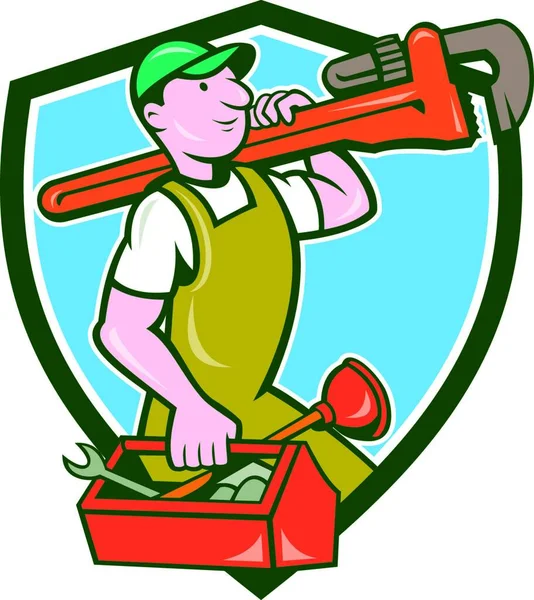 Illustration Plumber Overalls Hat Holding Monkey Wrench Shoulder Carrying Toolbox — Stock Vector