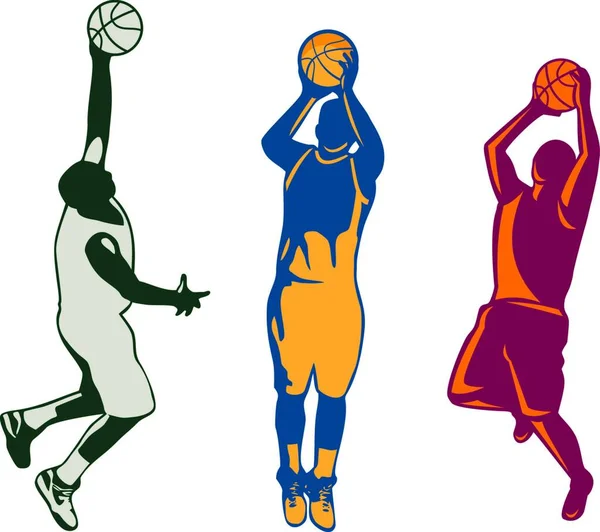 バスケットボール選手のダンク シュート リバウンドボールのイラストのコレクションまたはセットは 孤立した背景でレトロなスタイルで行われます — ストックベクタ