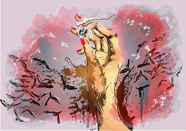 Ring Der Hand Abstrakte Menschliche Hand Dunklen Himmel Mit Krähen — Stockvektor