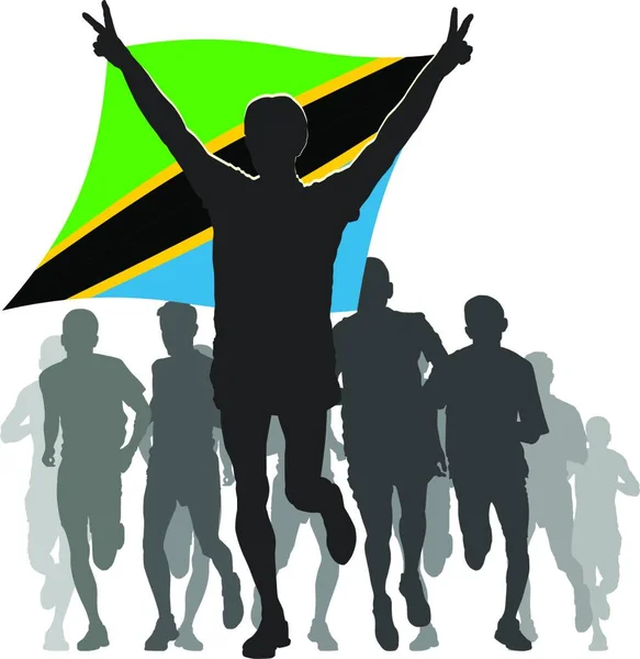 Illustration Silhouettes Athlètes Coureurs Arrivée Vainqueur Tenant Drapeau Tanzanien Dessus — Image vectorielle