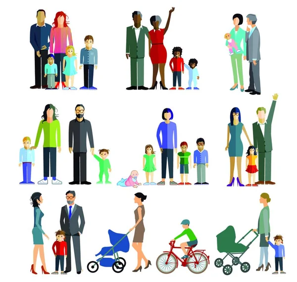 Familia Con Hijos Padres Diferentes Poses Ilustración Vectorial — Vector de stock