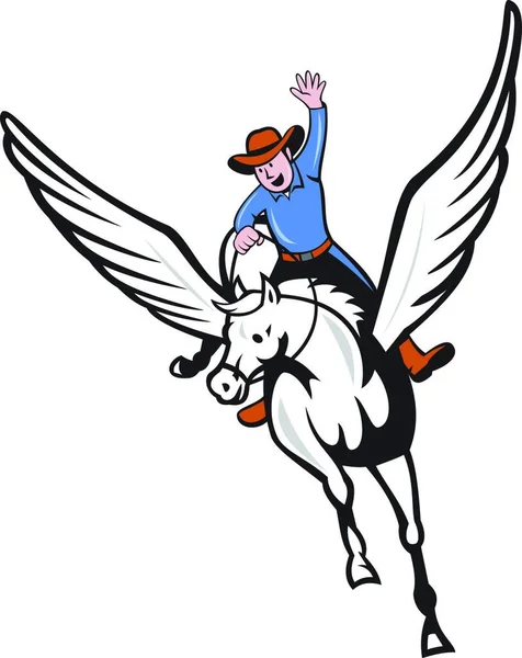 Illusztráció Egy Cowboy Karját Emelt Lovaglás Pegasus Repülő Meghatározott Elszigetelt — Stock Vector