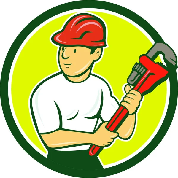 Illustration Plumber Wearing Hardhat Holding Monkey Wrench Looking Side Set — Stock Vector