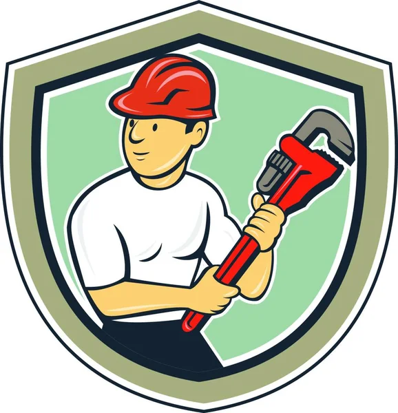 Illustration Plumber Hardhat Holding Monkey Wrench Looking Side Set Shield — Stock Vector