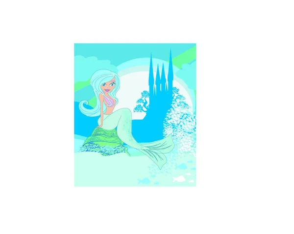 Illustration Einer Schönen Meerjungfrau Schloss Und Fisch — Stockvektor