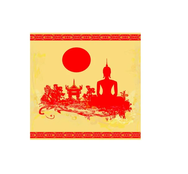 Silhouette Buddha Paesaggio Asiatico Grunge Texture — Vettoriale Stock