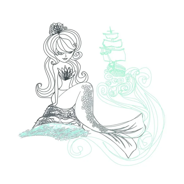 Schöne Meerjungfrau Doodle Illustration — Stockvektor