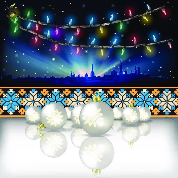 Fondo Celebración Abstracta Con Luces Navidad Silueta Tallin Ornamento Estonio — Vector de stock