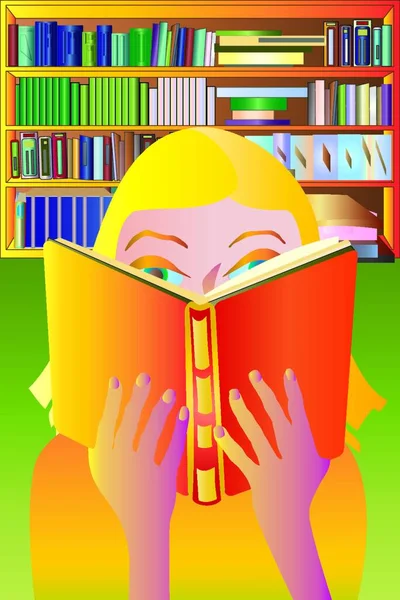 Girl Reading Library Front Case Books — Stock Vector