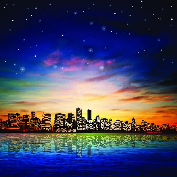 Fond Ville Abstrait Avec Panorama Coucher Soleil Des Étoiles Vancouver — Image vectorielle