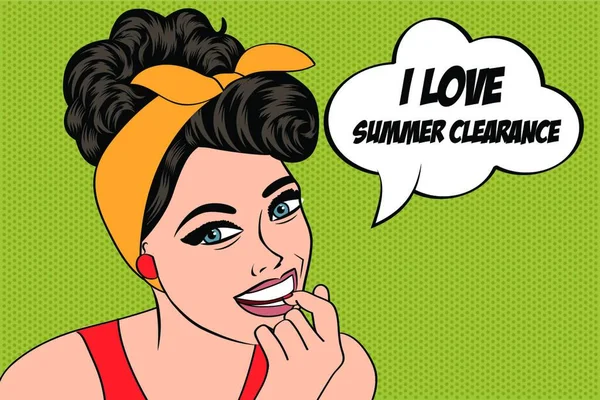 Pop Art Roztomilý Retro Žena Stylu Komiksu Zprávou Miluji Letní — Stockový vektor