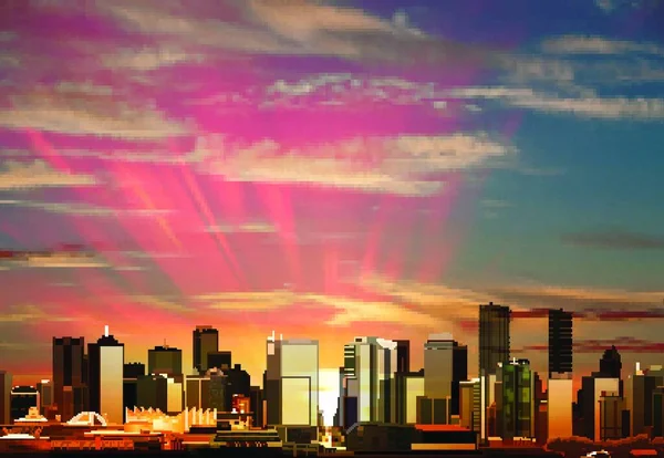 带城市全景的抽象矢量粉红天空背景 — 图库矢量图片