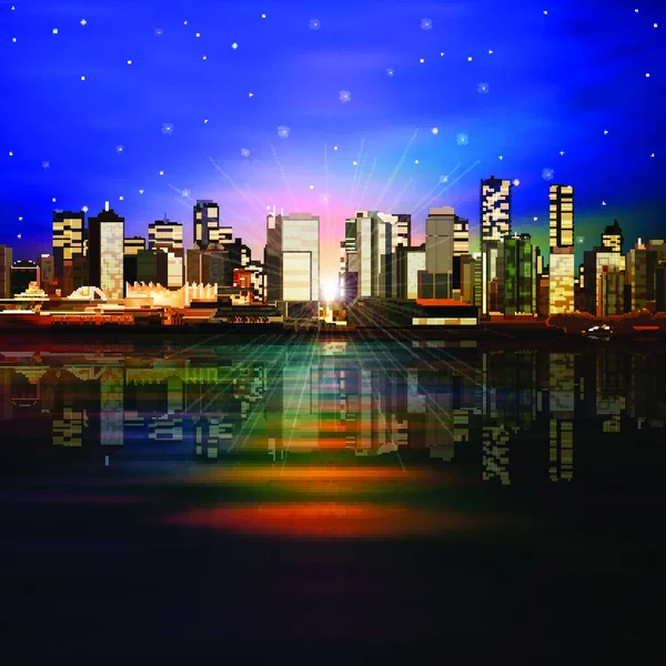 Abstrato Vetor Mar Pôr Sol Fundo Com Panorama Vancouver Estrelas —  Vetores de Stock