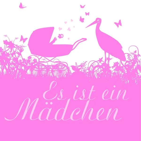 Storch Und Kinderwagen Mit Mädchen Und Fliegenden Herzen — Stockvektor