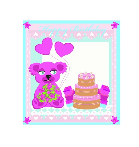 Verjaardagskaart Lieve Teddybeer Met Hartballonnen — Stockvector