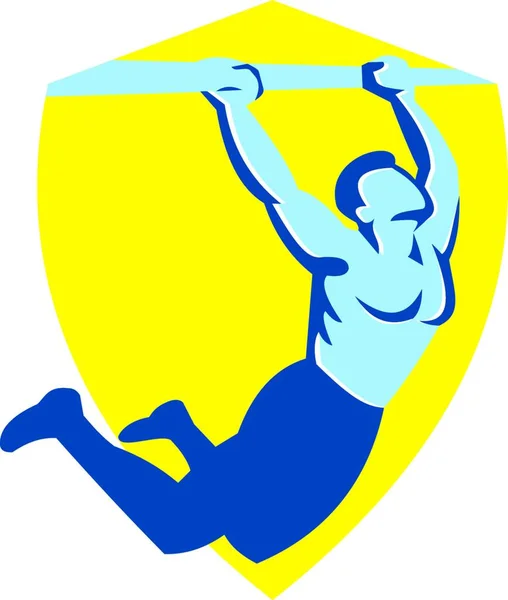 Illustration of a crossfit athlete body weight exercise pull up hanging on bar muscle up facing side inside shield done in retro style on isolated white background — Stock Illustration Illustration Crossfit Athlete Body Weight Exercise Pull Hanging Bar Muscle Vector Graphics