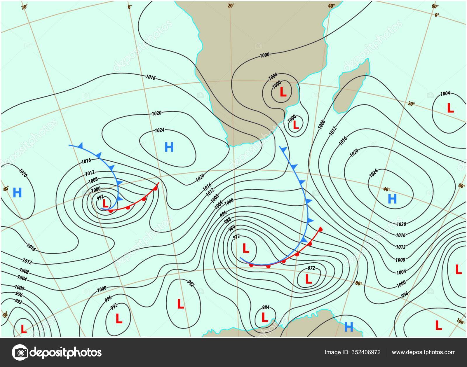 Imaginary Weather Map Showing Isobars Weather Fronts Stock Vector Image