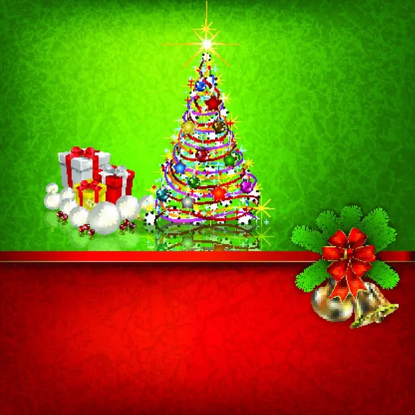 Abstrakte Grunge Rot Grünen Hintergrund Mit Handglocken Geschenke Und Weihnachtsbaum — Stockvektor