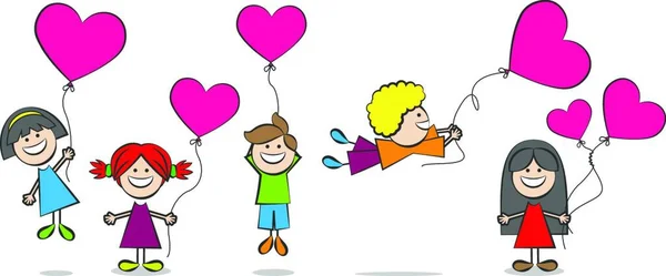 Kinderen Met Hart Ballonnen Vector Illustratie — Stockvector