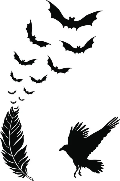 Plume Corbeau Avec Chauve Souris Halloween Vol Illustration Vectorielle — Image vectorielle