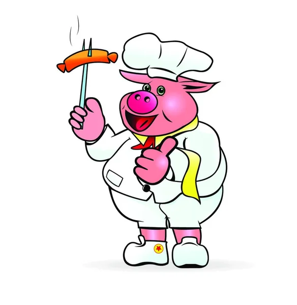 Cuoco Maiale Divertente Preparare Salsicce — Vettoriale Stock