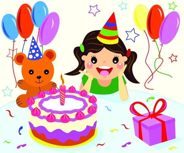 Счастливая Маленькая Девочка Празднует Свой День Рождения Тортом Воздушными Шарами — стоковый вектор