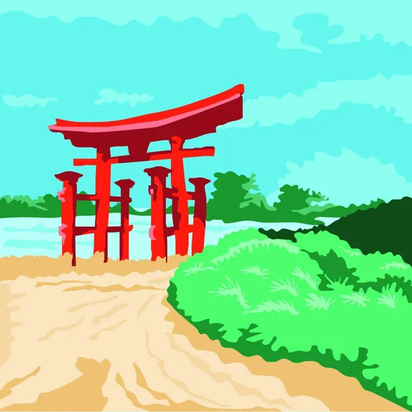Ilustración Estilo Wpa Torii Una Puerta Tradicional Japonesa Que Encuentra — Vector de stock