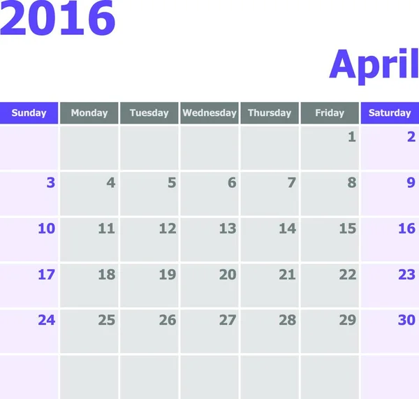 Kalender April 2016 Vecka Startar Från Söndag Stock Vektor — Stock vektor