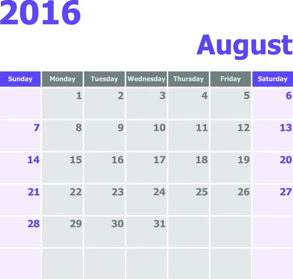 Calendário Agosto 2016 Semana Começa Partir Domingo Vetor Estoque — Vetor de Stock