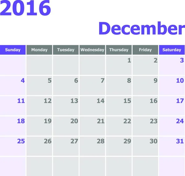 Kalender December 2016 Vecka Startar Från Söndag Stock Vektor — Stock vektor