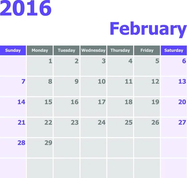 Kalender Februari 2016 Vecka Startar Från Söndag Stock Vektor — Stock vektor