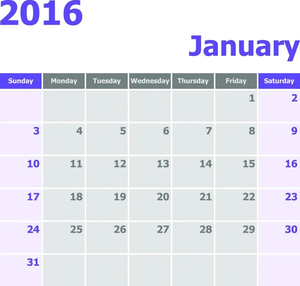 Kalender Januari 2016 Vecka Startar Från Söndag Stock Vektor — Stock vektor