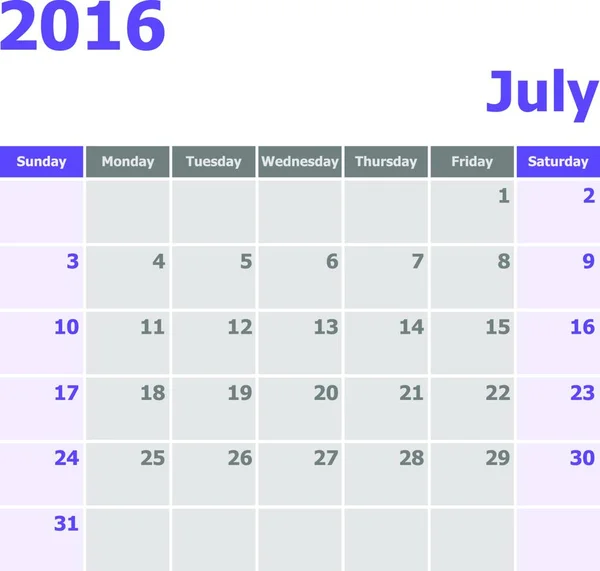 Календар Липень 2016 Тиждень Починається Неділі Фондовий Вектор — стоковий вектор