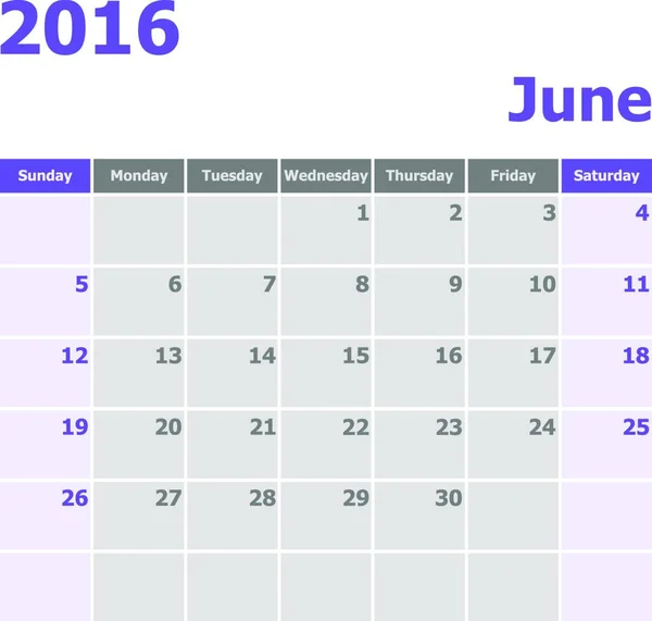 Calendário Junho 2016 Semana Começa Partir Domingo Vetor Estoque — Vetor de Stock