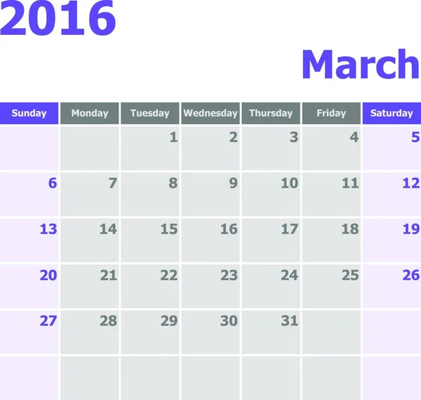 Kalender Mars 2016 Vecka Startar Från Söndag Stock Vektor — Stock vektor