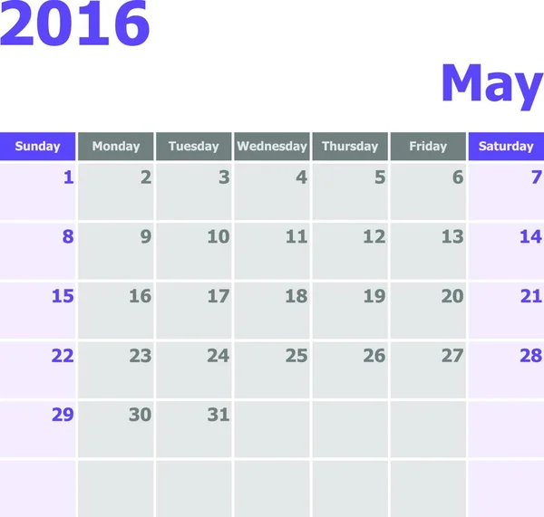 Kalender Maj 2016 Vecka Startar Från Söndag Stock Vektor — Stock vektor